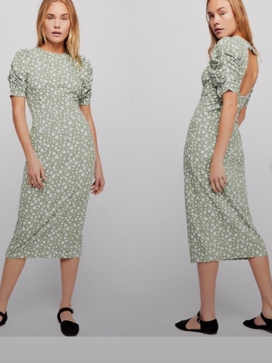 Free People Dresses & Skirts - Free People Rosie Midi Dress Green white Floral Knit Open Back buckle S